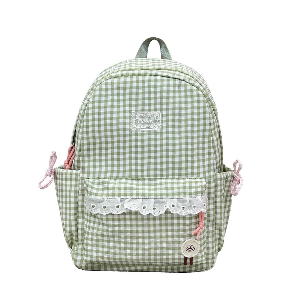 Schoolbag high-value plaid schoolbag women's new lace girl heart backpack Japanese sweet student travel backpack
