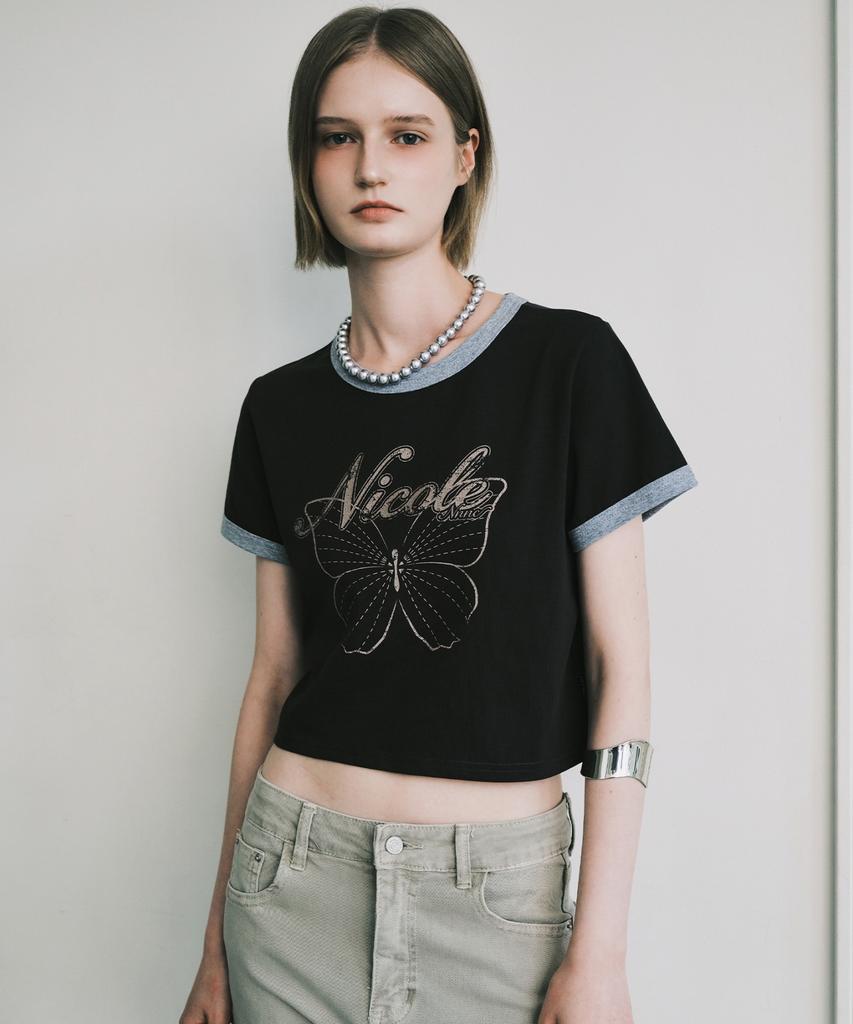 Nigaennikol Butterfly Ringer Crop Top_Charcoal