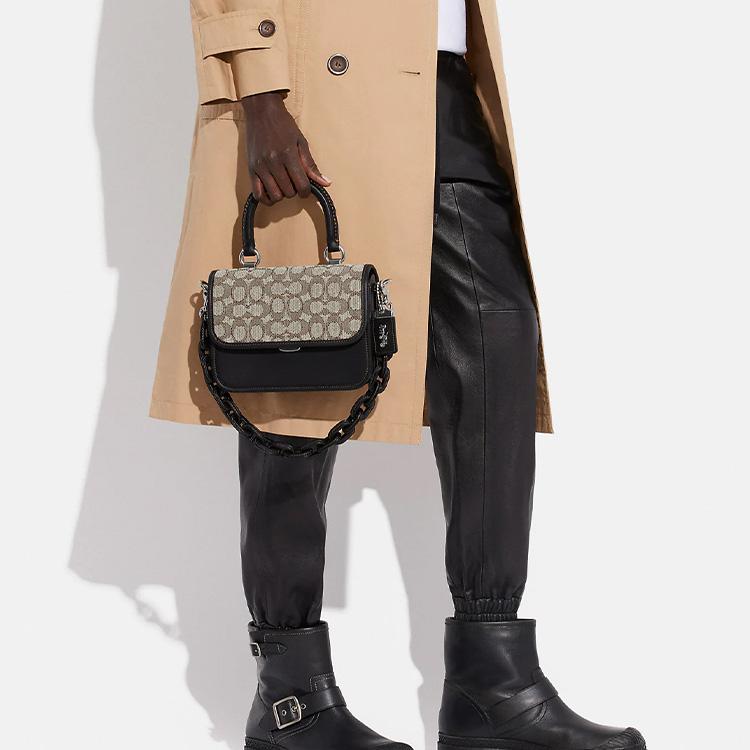 New COACH Rogue Fabric With Glove Tanned Leather Shoulder Bag, Crossbody Bag, Handbag Trumpets Women's Taupe & Black CA215-LHUW7