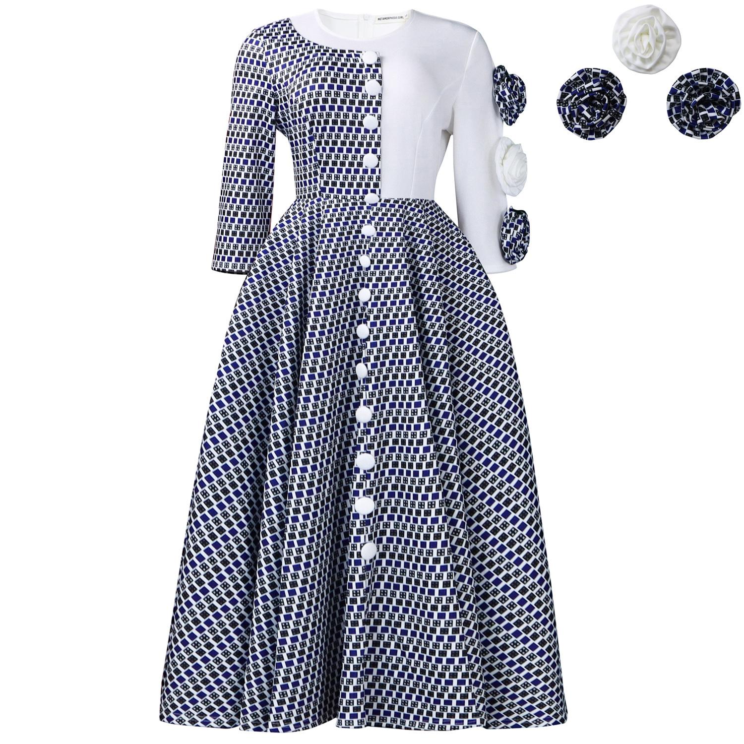 

New winter fashion temperament elegant seven-quarter sleeve crew neck print commuter dress XXXL