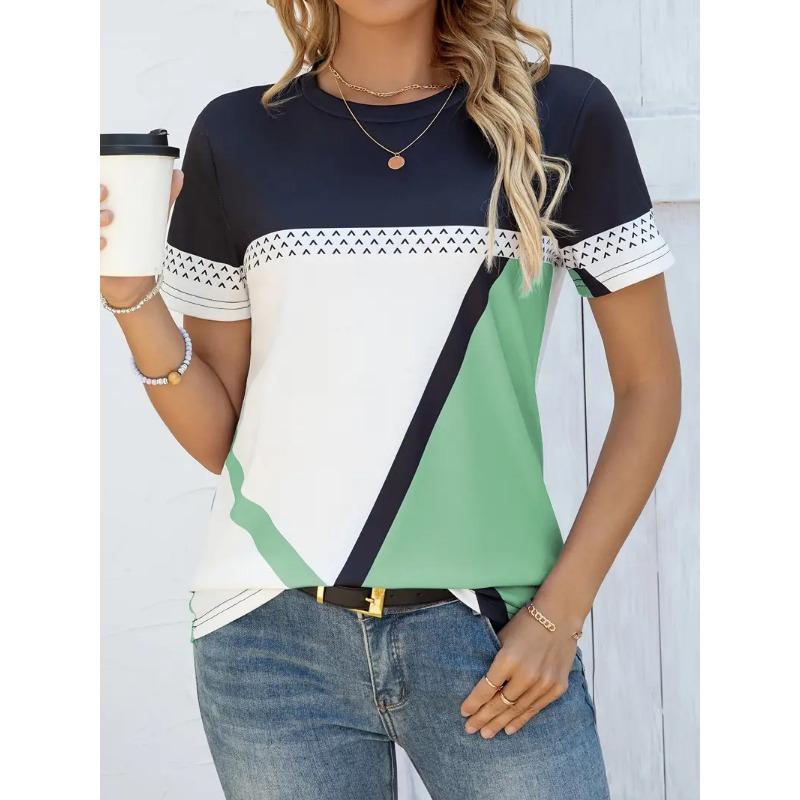 Tricou de vară pentru femei, exterior, casual, cu gât rotund, mânecă scurtă, top elegant cu dungi, stil cu sute de dungi, mărime, îmbrăcăminte pentru femei