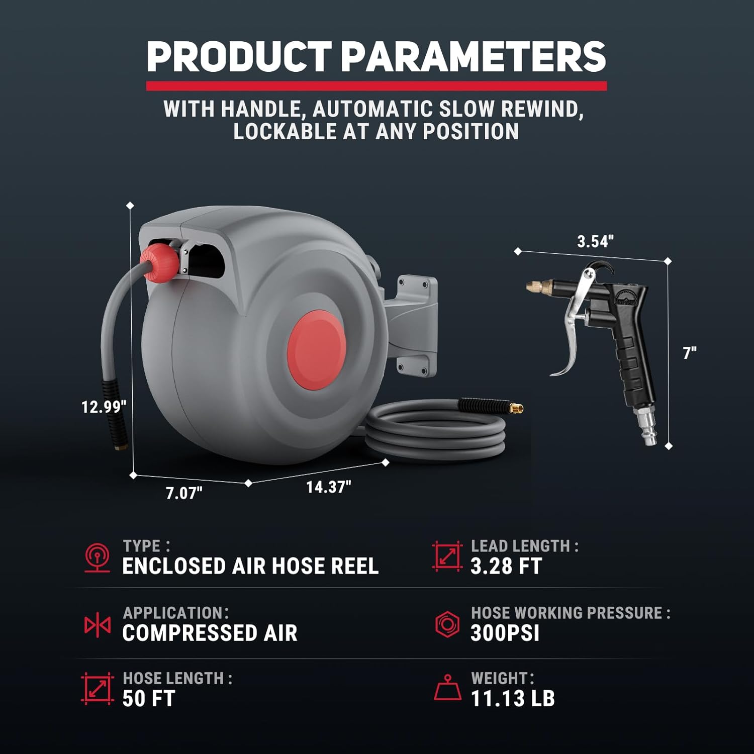 

Выдвижная катушка для воздушного шланга 3/8 дюйма Катушка для воздушного шланга с пистолетом для продувки воздухом Фиксация любой длины Катушка для шланга воздушного компрессора Поворотное на 180° настенное крепление