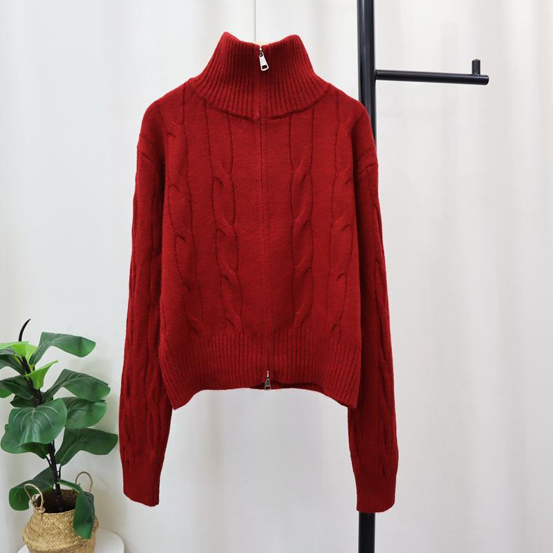 Thickened double zipper twist knitted cardigan autumn and winter new design soft waxy gentle wind sweater jacket women