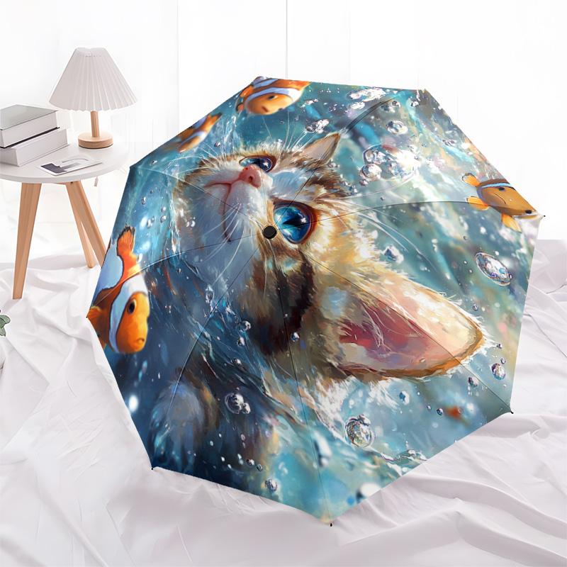 1 PC Automatic Folding Umbrella - Kitten Clownfish Pattern, Portable & Foldable Design with 8 Ribs, Christmas Birthday Gifts