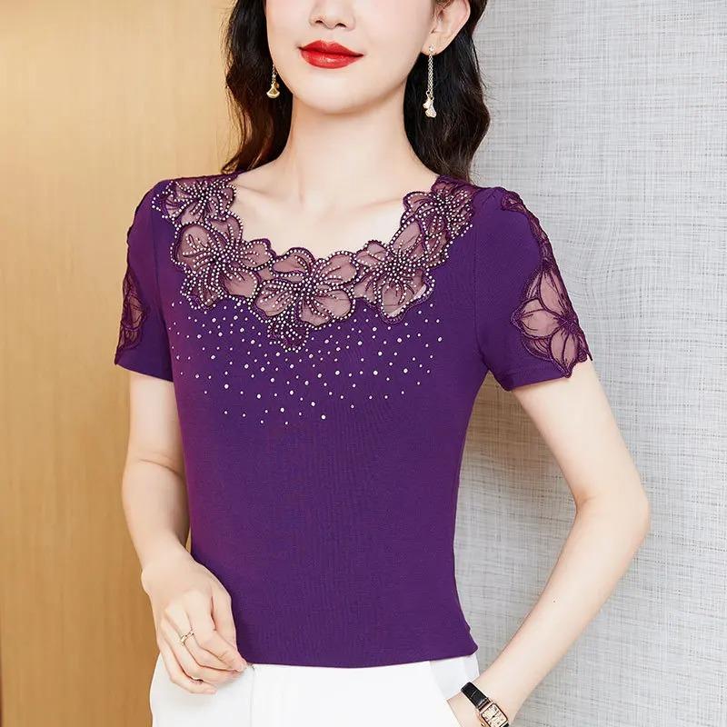 Summer Short Sleeved O Neck Women's T Shirt Elegant Slim Sexy Hollow Out Tees Drilling Mesh Lace
