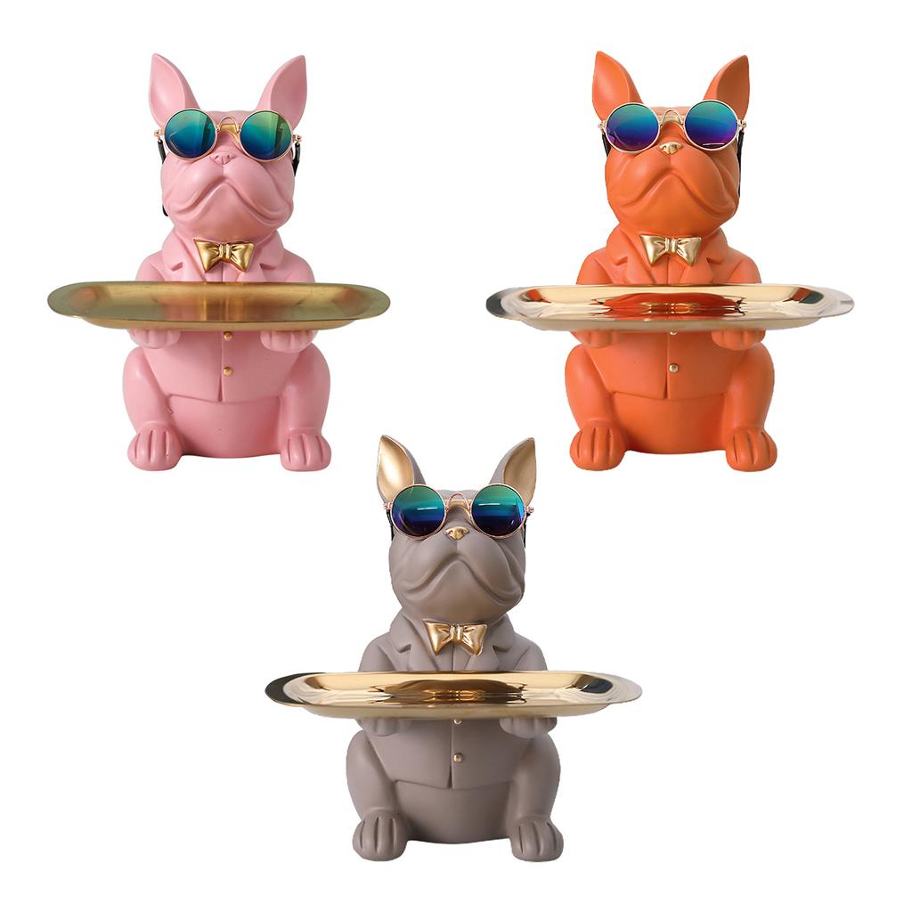 Bulldog Statue Key Holder Resin Modern Bulldog Candy Dish Key Holder Tray for Home Entryway Table Decor Pink