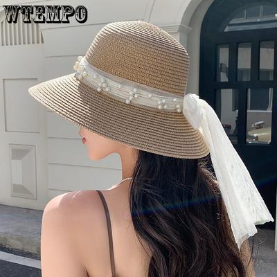 Seaside Beach Sun Hat Spring and Summer French Elegant Woven Hat Women's Pearl Decorated Large Eave Dome Sun Hat