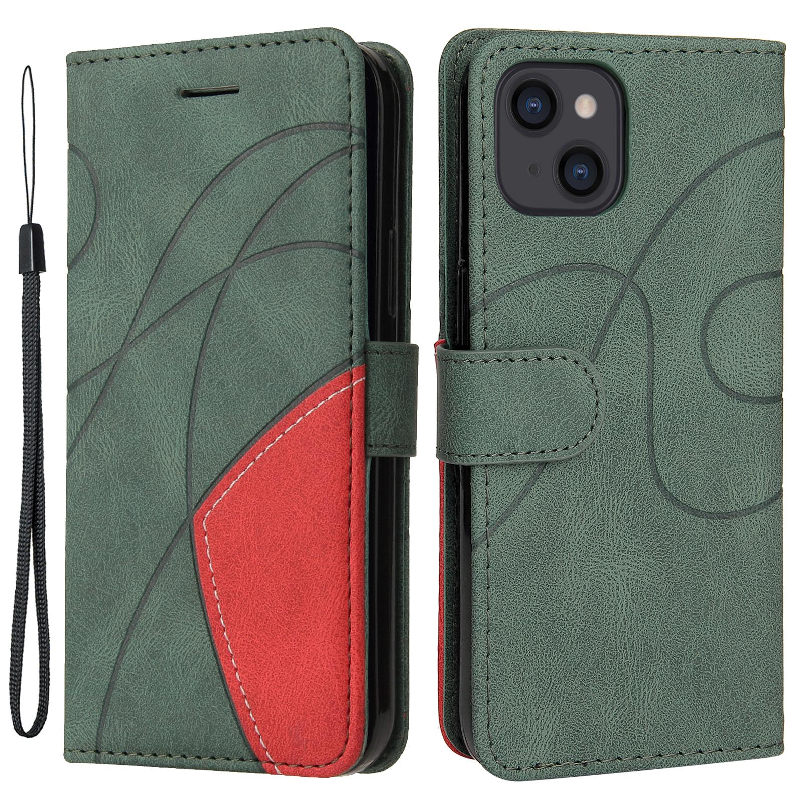 

For iPhone 15 Leather Case Wallet Stand Color Splicing Phone Cover Green