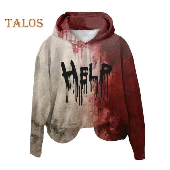 Women Hoodie 3D Bloodstain Print Halloween Vintage Haunted House Cosplay Top Hooded Long Sleeves Loose Hoodie