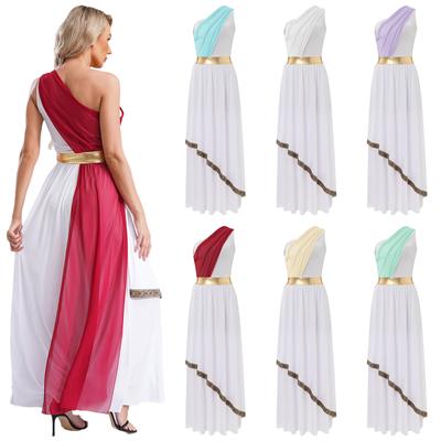 Womens Ancient Greek Praise Dancewear Queen Princess Cosplay Robe One Shoulder Chiffon Overlay Vintage Trim Tunic Dress