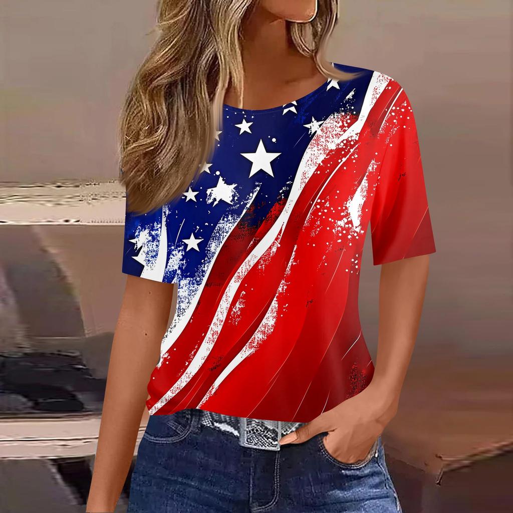 Women's Fashionable Casual Short Sleeve Print Round Neck Pullover Top