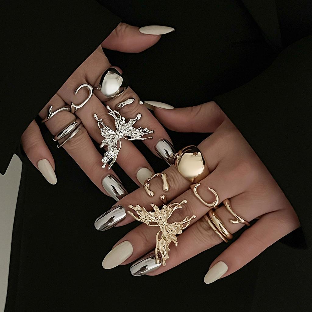 Cold Wind Lava Butterfly Ring Set, Niche Glossy Open Ring Stacked with Metal Jewelry
