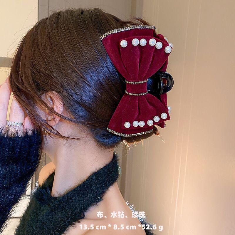 New Year Red Autumn and Winter Velvet Bead Diamond Bow Hairpin Sweet Internet Celebrity Head Senior Hair Accessories