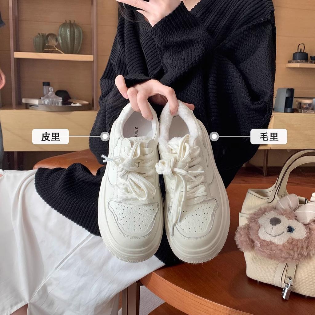 Cowhide version~ Grape mother cross shows long legs and reduces age, round head lace-up board shoes, thick sole and height, little white shoes