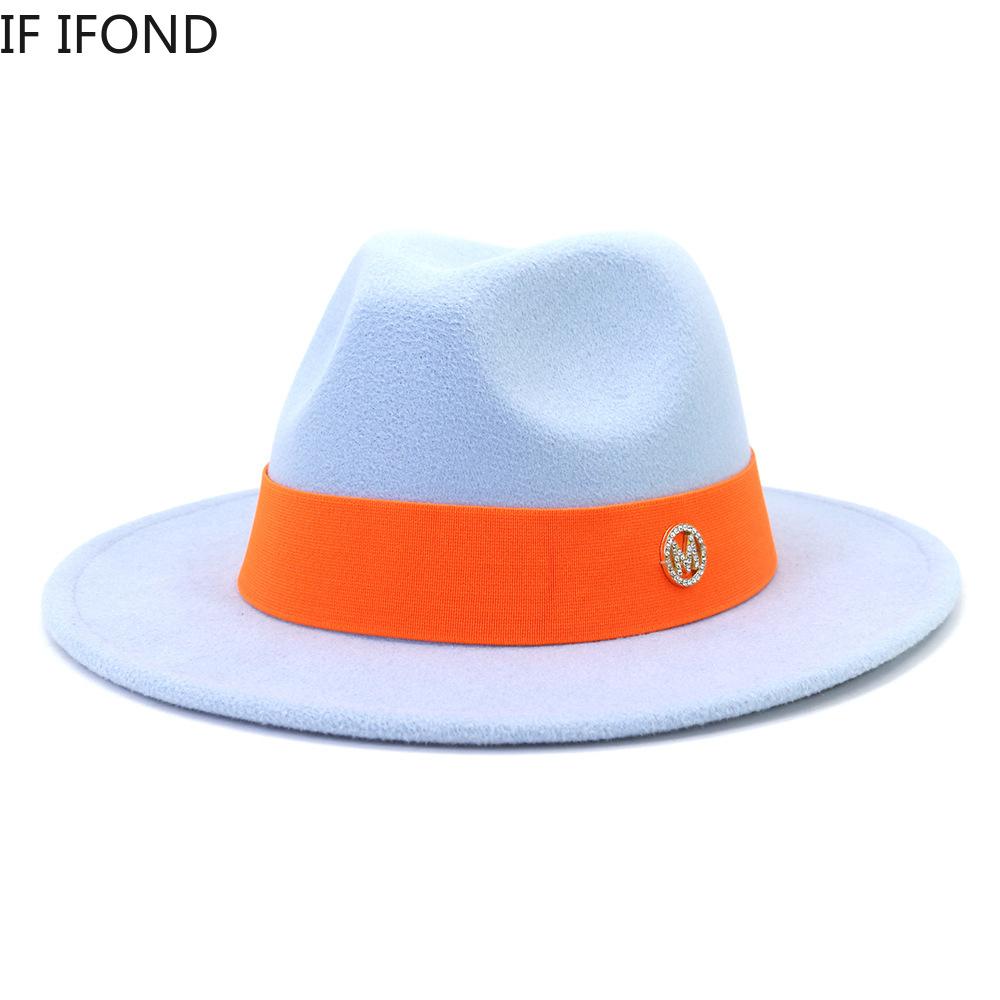 Formal Wide Brim Felt Fedora Hat Wool Ladies Party Wedding Church Hat M Letter Ribbon Panama Sombrero Jazz Cap