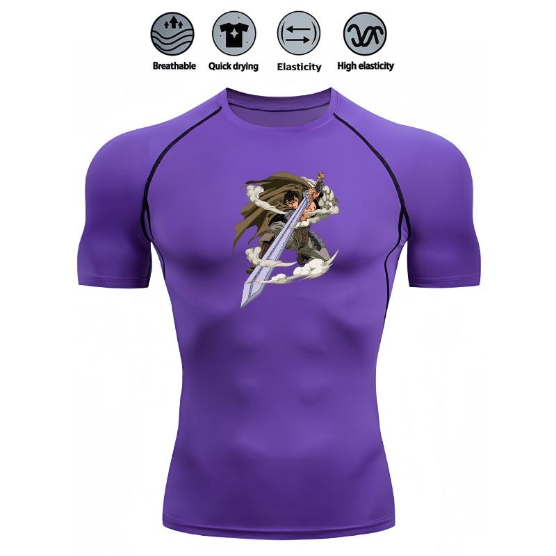Mens White Compression Short Sleeve T-Shirt Anime Warrior With Sword Graphic Breathable Quick Dry High Elasticity Gym And Running Athletic Top