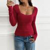 Women's Solid Casual Slim Fit Threaded U Neck Lace Long Sleeve T-Shirt