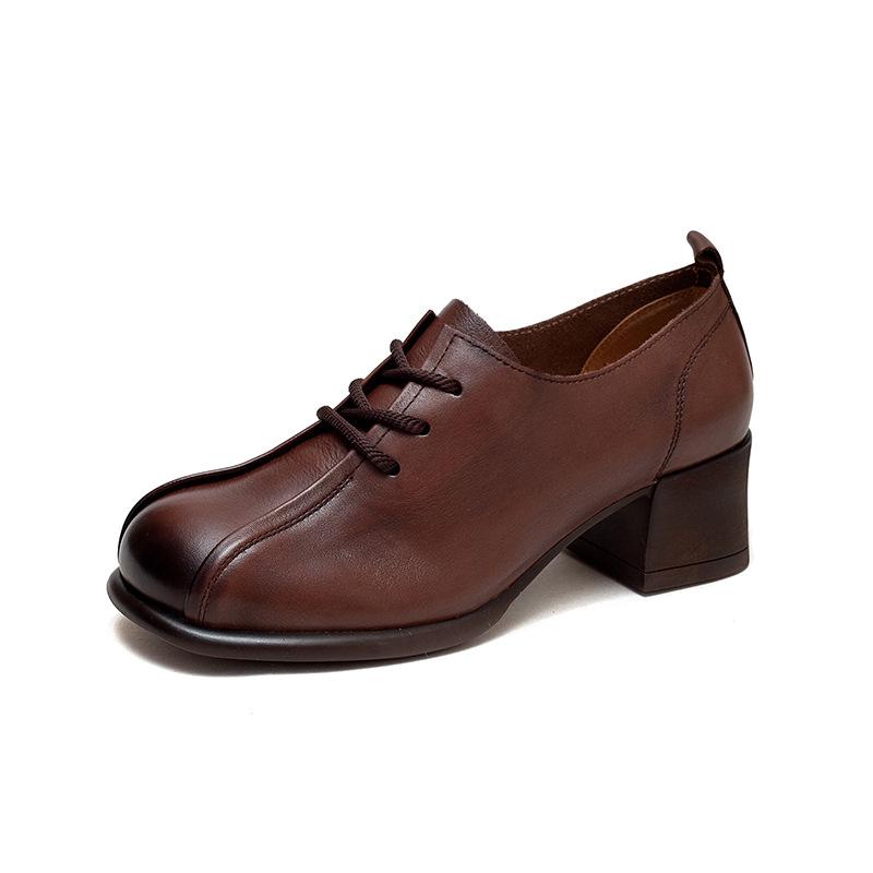 Jaro Podzim Retro Dámské Jednobarevné Lodičky Kůže Kulatá Špička Ručně Vyráběné Šněrovací Boty Střední Podpatek