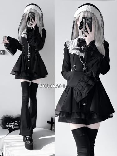 [XHSUKADO] Lace-up "Jirai-kei" (Landmine) Style Dress for Women - Cute Long Sleeves, Detachable Cross Ribbon Brooch, Frills, Lace, Flared Sleeves, A-l