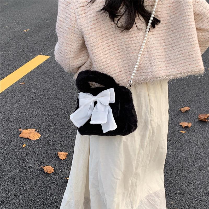 Süße Schleife, süße, mädchenhafte Plüschtasche, Pendeltasche aus Plüsch mit Perlen, Hand-Schulter-Umhängetasche