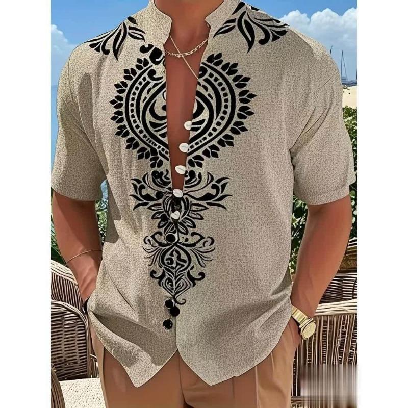 Men Ethnic Front Print Stand Collar Short Sleeve Loose Casual Linen Shirt