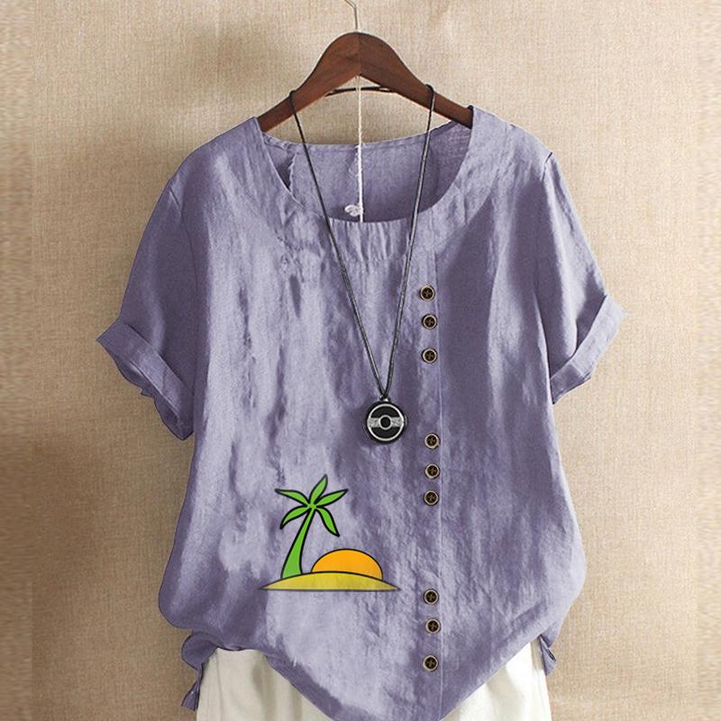 Women's Fashion Setting Sun Prined Short Sleeve T-shirt Loose Cotton Shirt Casual Loose Summer Blouse Tops Plus Size