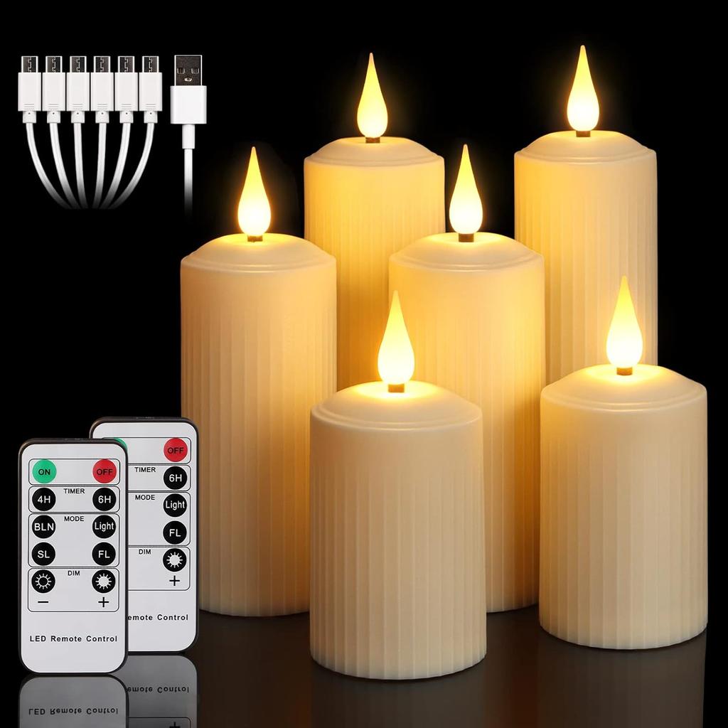Rechargeable Flameless Candles with Remote Timer, in/Outdoor Waterproof LED Flickering Pillar Candles Set of 6 (D2 x H4/5.5/6.5"), Battery Operated