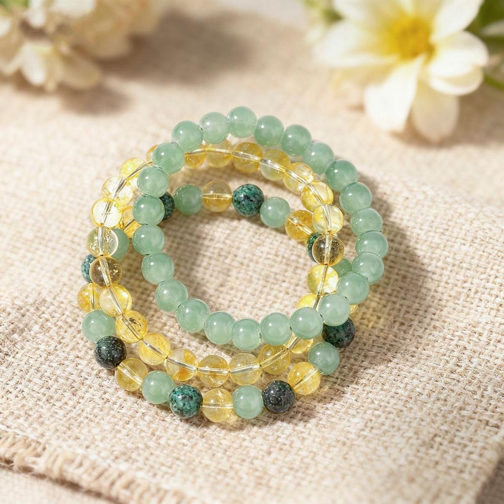 Festive Gifts Green Aventurine Golden Rutilated Quartz And Malachite Beaded Bracelet Set Natural Fashion Jewelry Daily Wear Simple Versatile Accessory