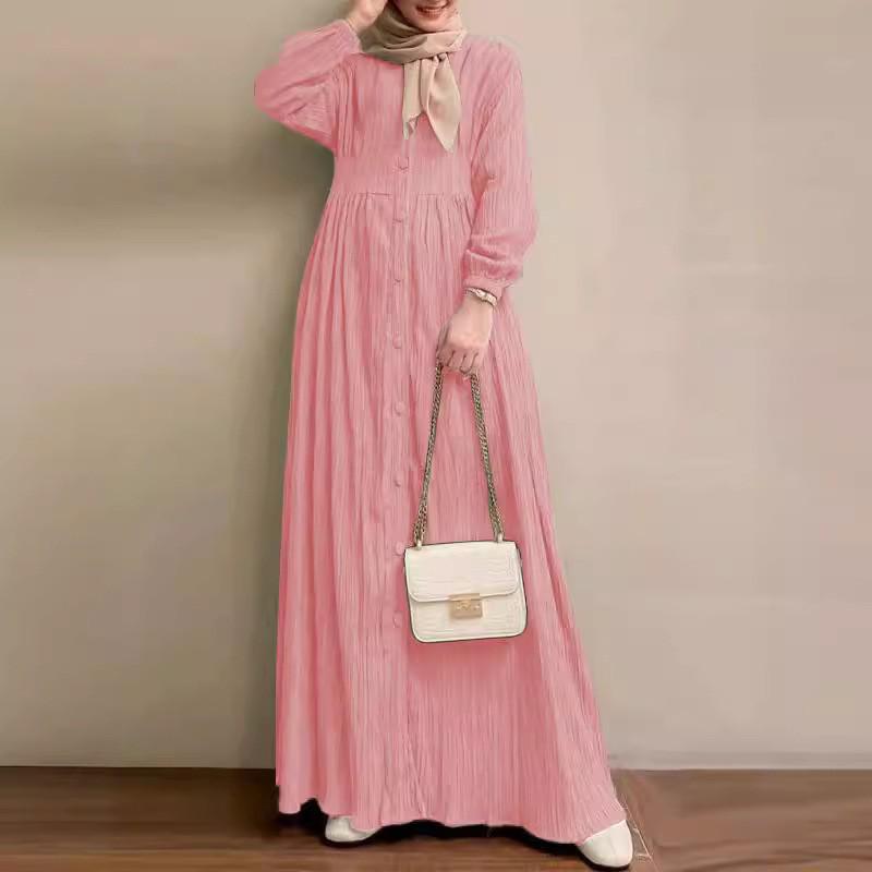 2024 Retro Puff Sleeve Dress: Elegant Solid Color Muslim Women's Clothing for Spring and Autumn