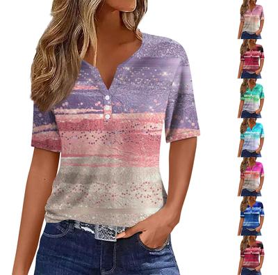 Camiseta feminina casual com estampa de lantejoulas e decote em V, manga curta, botão decorativo