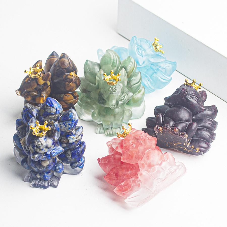 Water Crystal Decorative Figurine With Crown Nine Tails Fox For Modern Desk Display