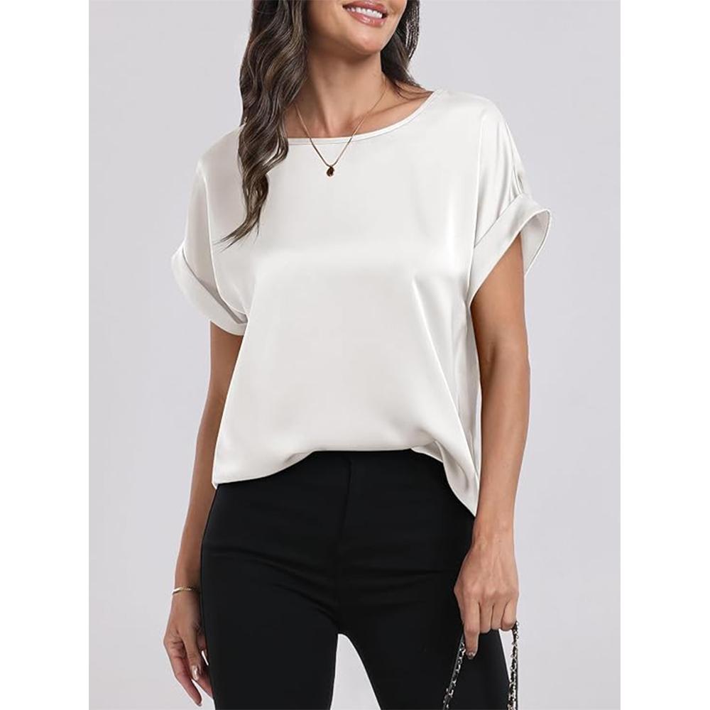 Women's Summer Dressy Casual Short Sleeve Shirts Crewneck Silk Satin Business Office Work Blouse Tops