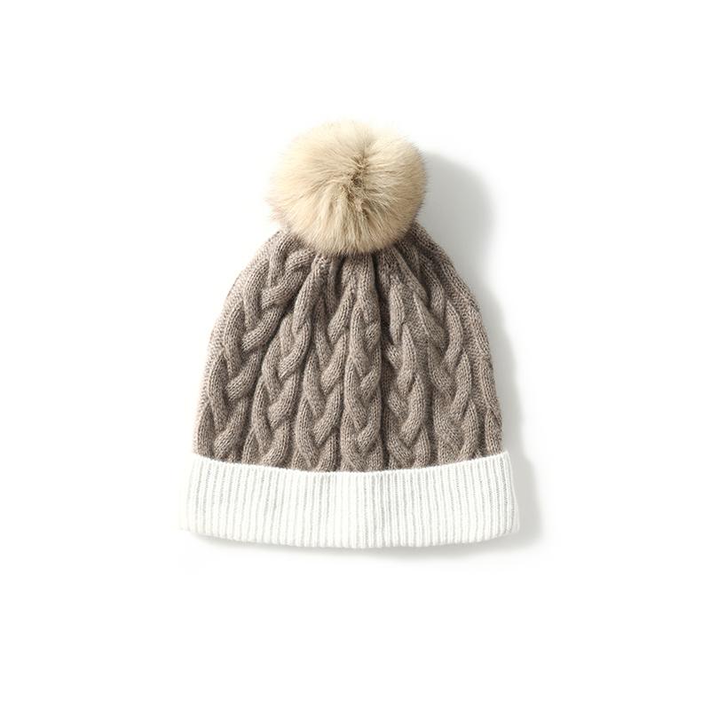 Women 100% Cashmere Beanie Hat Pom Pom Detail Cable Knit Color Block Rolled Cuff Winter Warm Skullies Cap Cold Weather Accessory