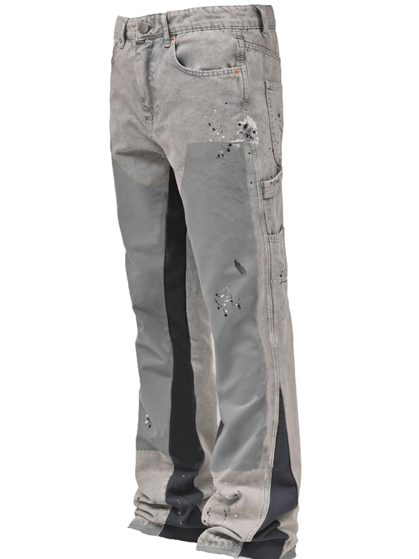 QINQING Distressed High Waist Flare Jeans with Color Block & Splatter Paint Design - Blue, Gray, Black S lichtgrijze kleur