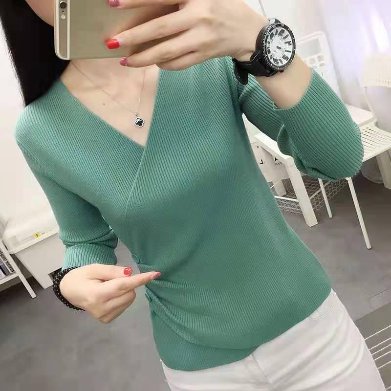 

Корейский облегающий свитер с V-образным вырезом на весну и осень - женский топ с длинными рукавами M светло-зеленый