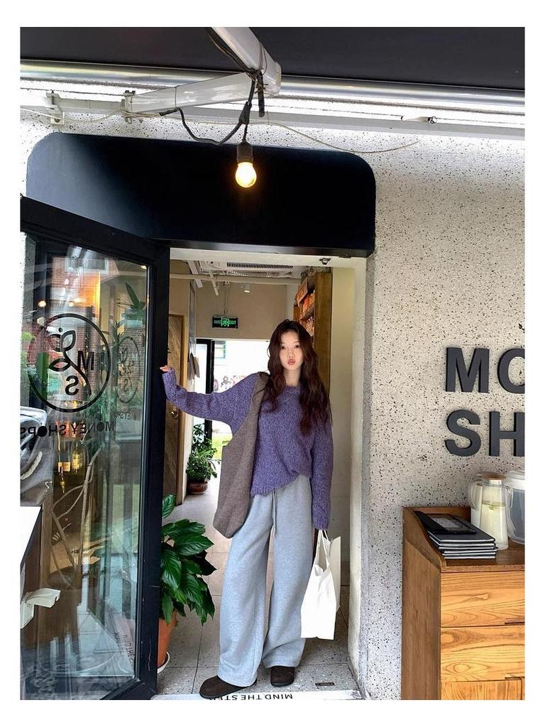 700g Lambswool Heavyweight Fleece Brushed Women's High-Waist Wide-Leg Warm Trousers