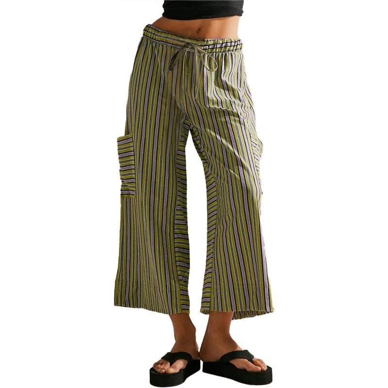 Women's pants summer striped straight pants drawstring wide-leg beach casual pants