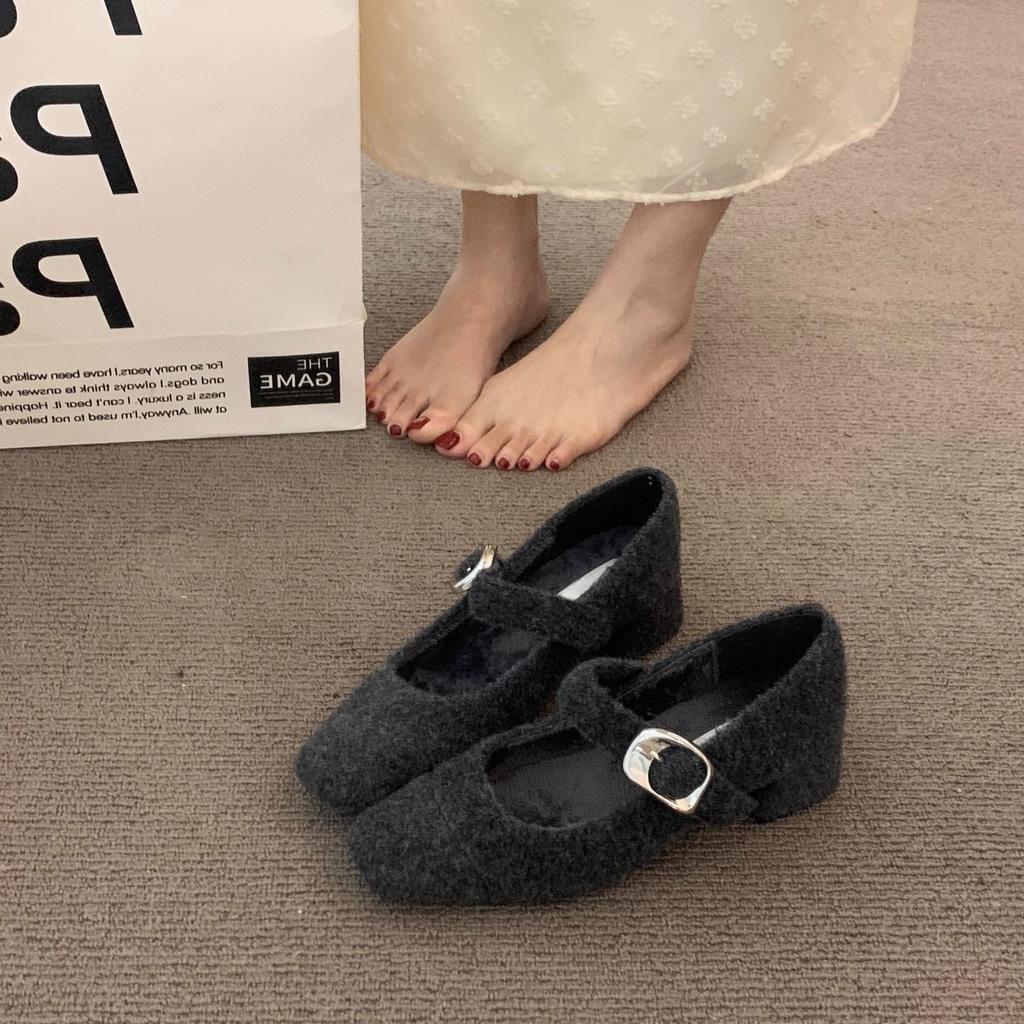 French high-end dark brown thick heel retro woolen single shoes women's shoes autumn and winter middle heel commuting evening cotton shoes