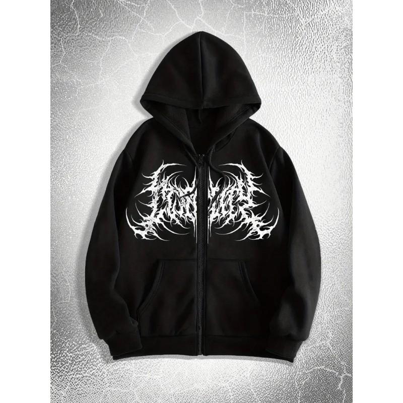Unisex Gothic Y2K Skull Butterfly Print Hooded Zip-Up Sweatshirt Loose Fit Streetwear Fall