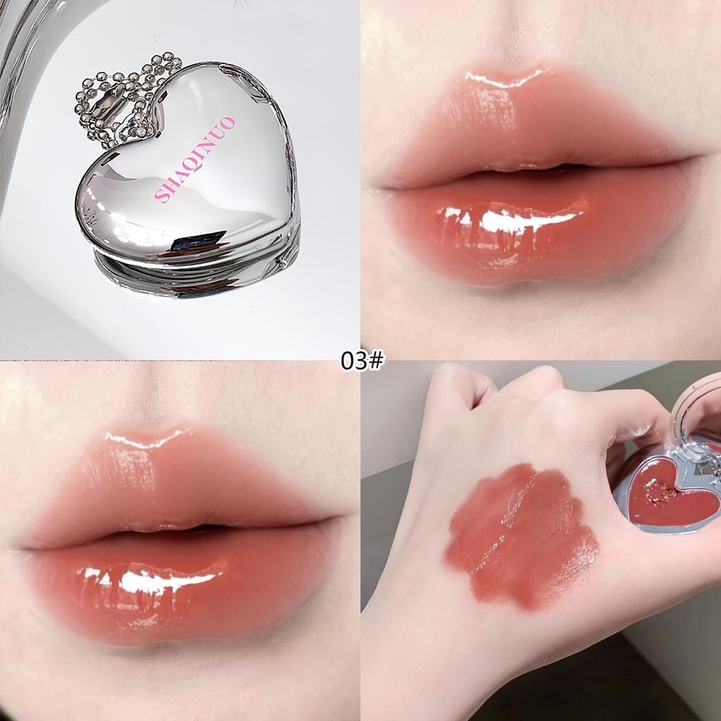 SHAQINUO Heart Shaped Mirror Lip Gloss Moisturizing Hydrating Solid Lip Balm Cute Silver Case Glossy Lip Tint Long Lasting Makeup Gift for Women