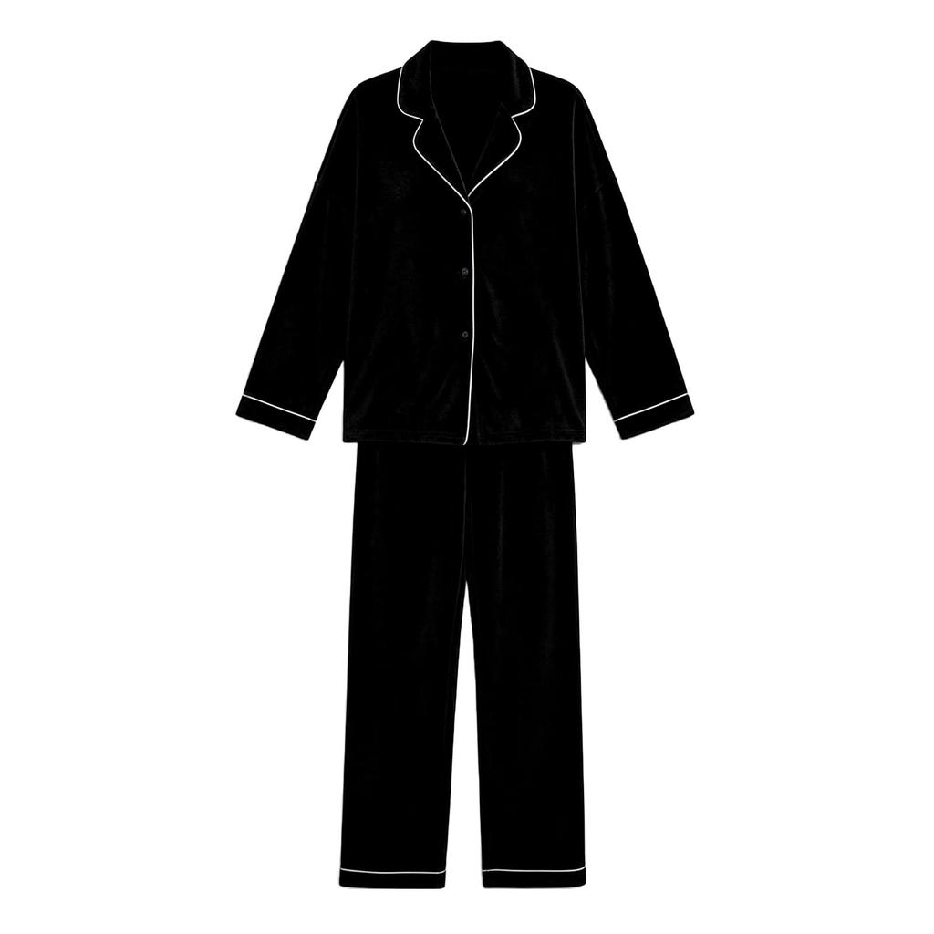 Women's Color Long Sleeve Pajama Set with Lapel Collar Top and Pants for Casual Loungewear