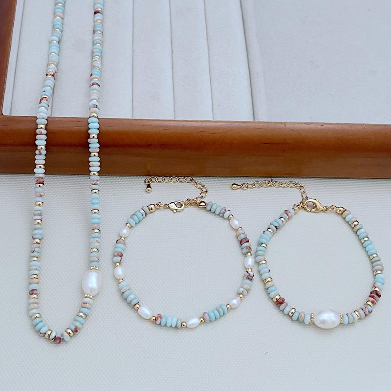 

Elegant Freshwater Pearl & Shoushan Stone Beaded Necklace Bracelet Set
