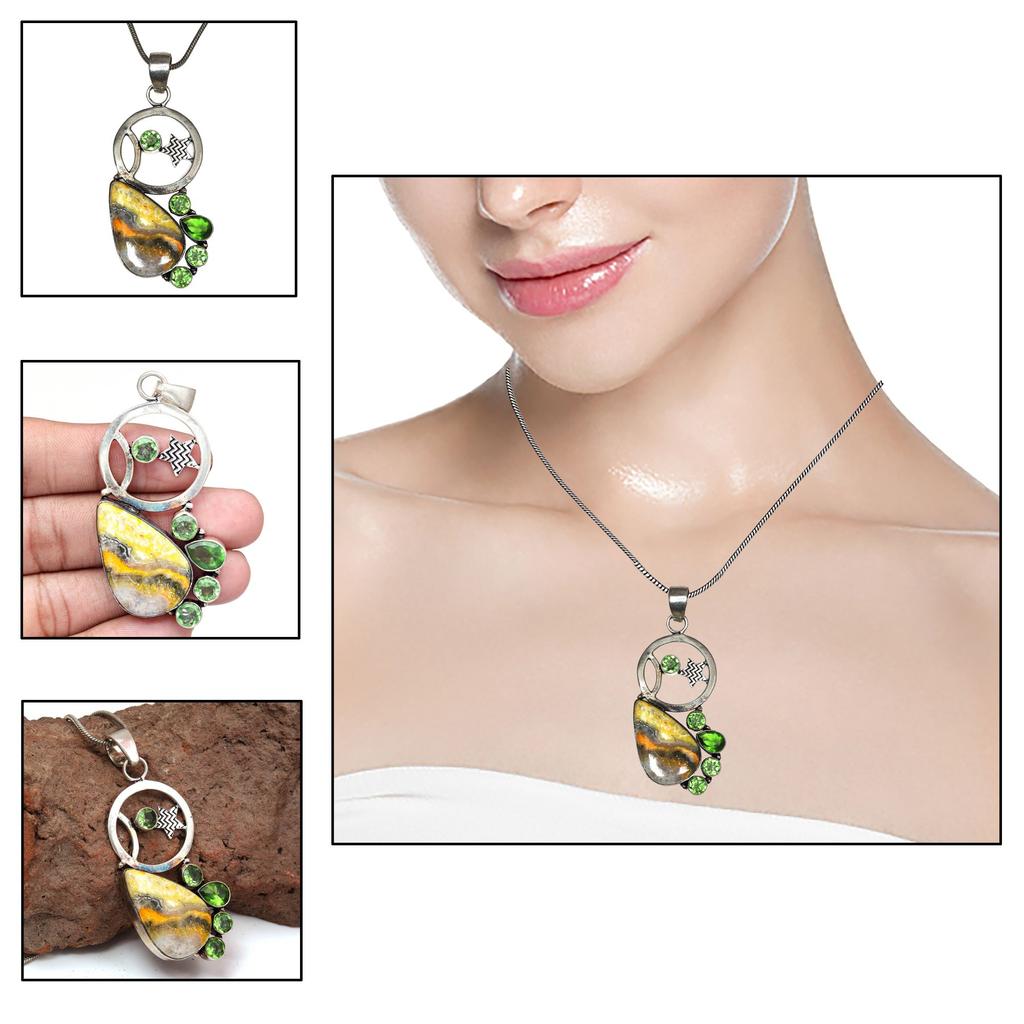 Bumble Bee Jasper Peridot Mother's Day Silver Jewelry Pendant 2.75"