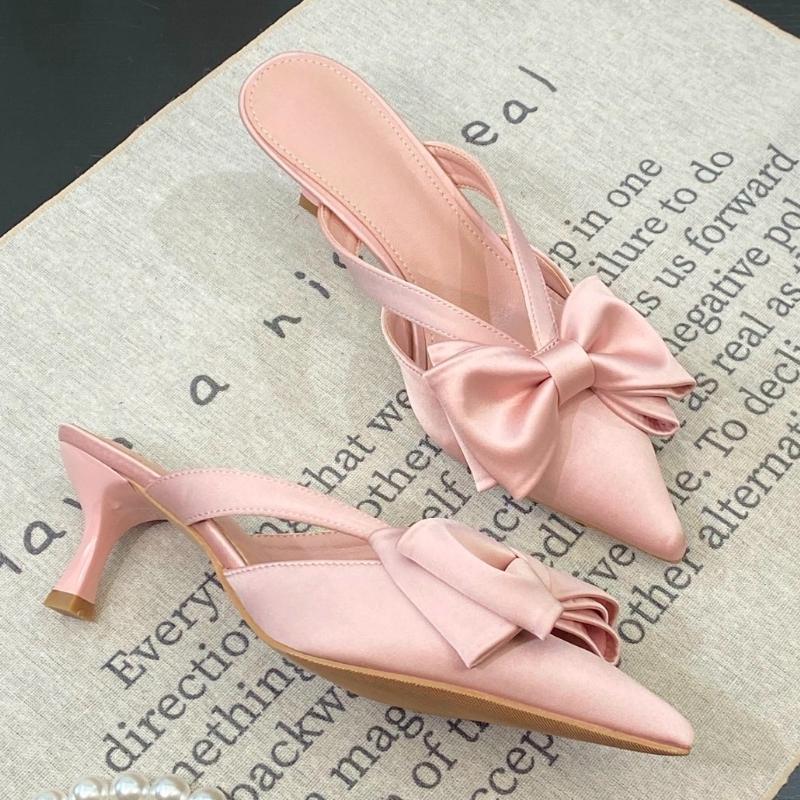 Fashion Cool Slippers for Women's Summer 2025 New French Pointed Bow Hollow High Heels, Half Wrapped Women's Slippers
