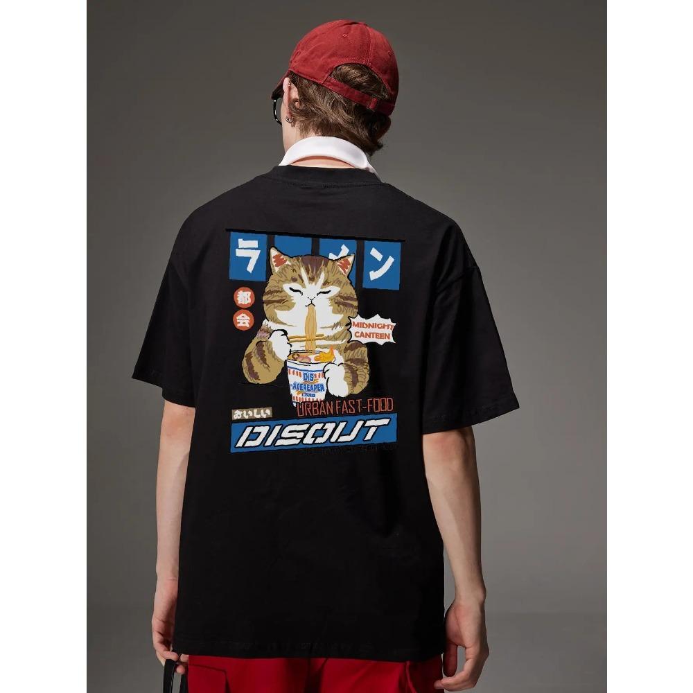 Harajuku Cat Cartoon Graphic Men Tshirt Casual Baggy Short Sleeve T-shirt Japanese Style Oversized T Shirt Y2k Men's Clothing