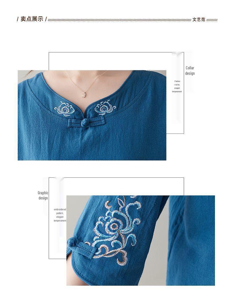 Women's Retro Chinese Buttoned Embroidered Shirt, Cotton-Linen, Loose Fit, Three-Quarter Sleeves