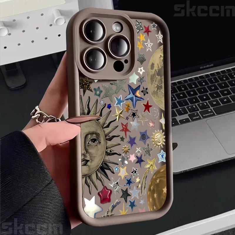 Retro Style Face Sun Stars Silicone Phone Case For iPhone 16 15 14 13 12 11 Pro Max 16E 7 8 Plus X XS XR Shockproof Soft Cover