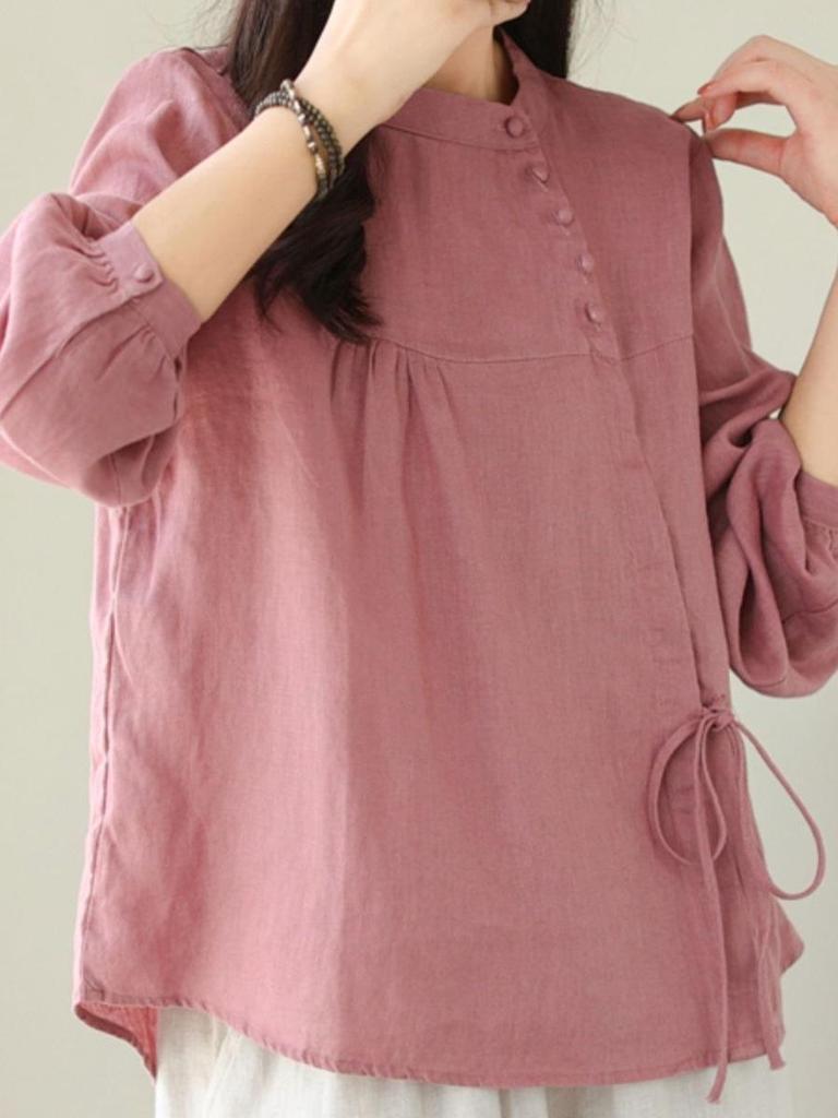 Jesienna Bawełniano-Lniana Koszulka z Długim Rękawem: Literacki, Retro, Odchudzający, Luksusowy Damski Top.