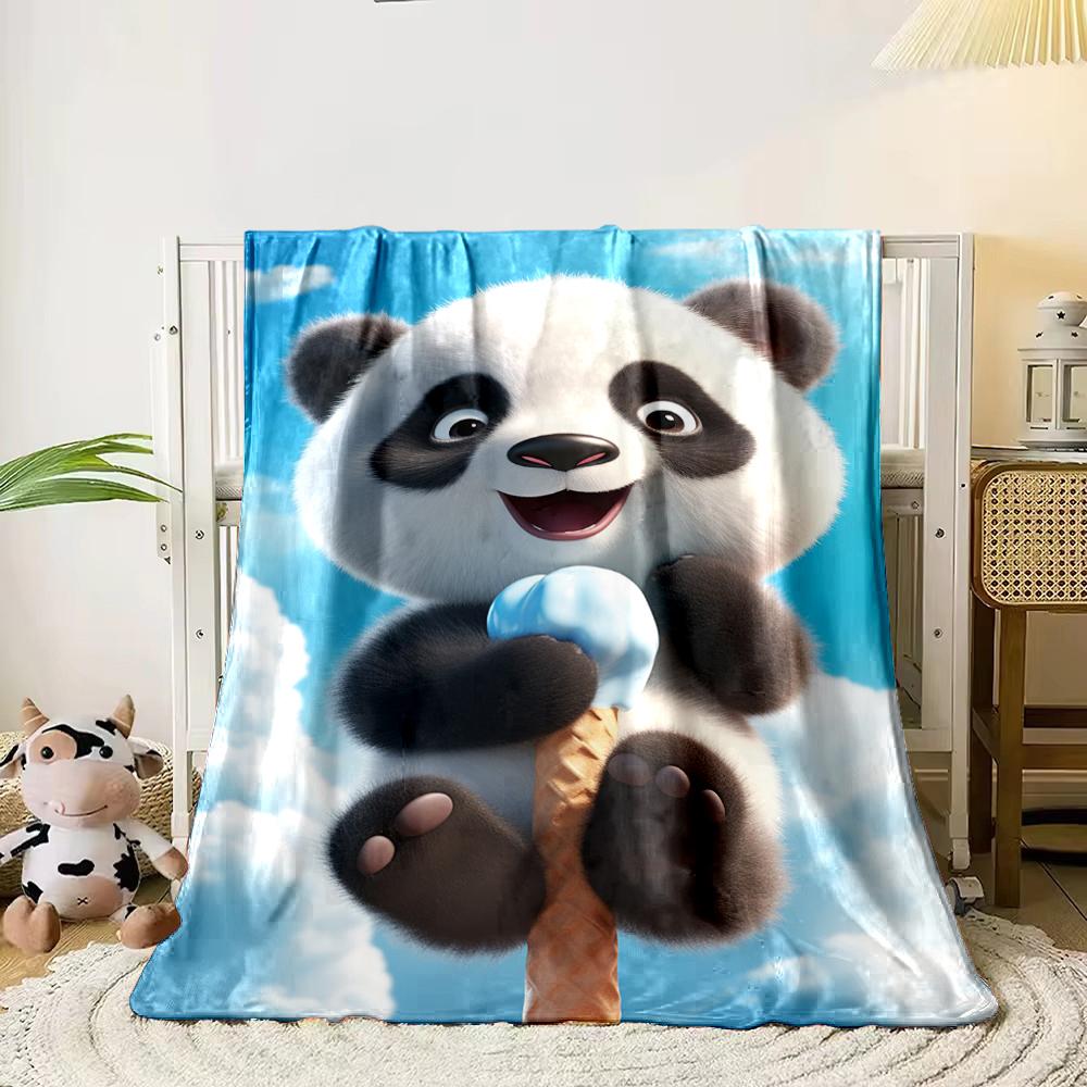 Cute Panda Holding Ice Cream On Blue Sky Flannel Blanket for Bedroom, Living Room, Sofa, and Nap Sofas