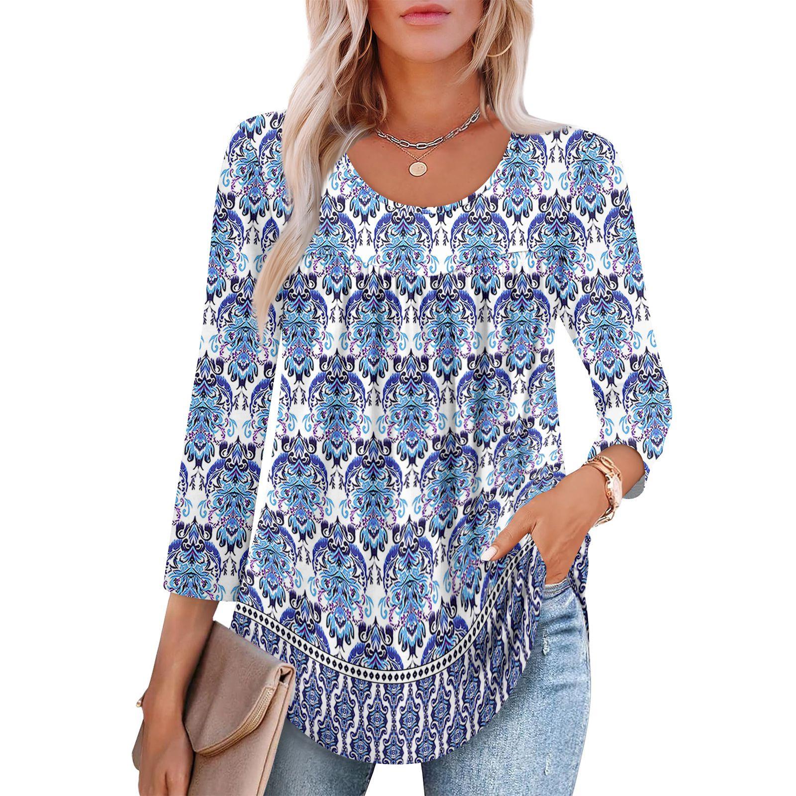 Women s Fashion Seven Sleeve Top Round Neck Pleated Casual Printed Top L синий